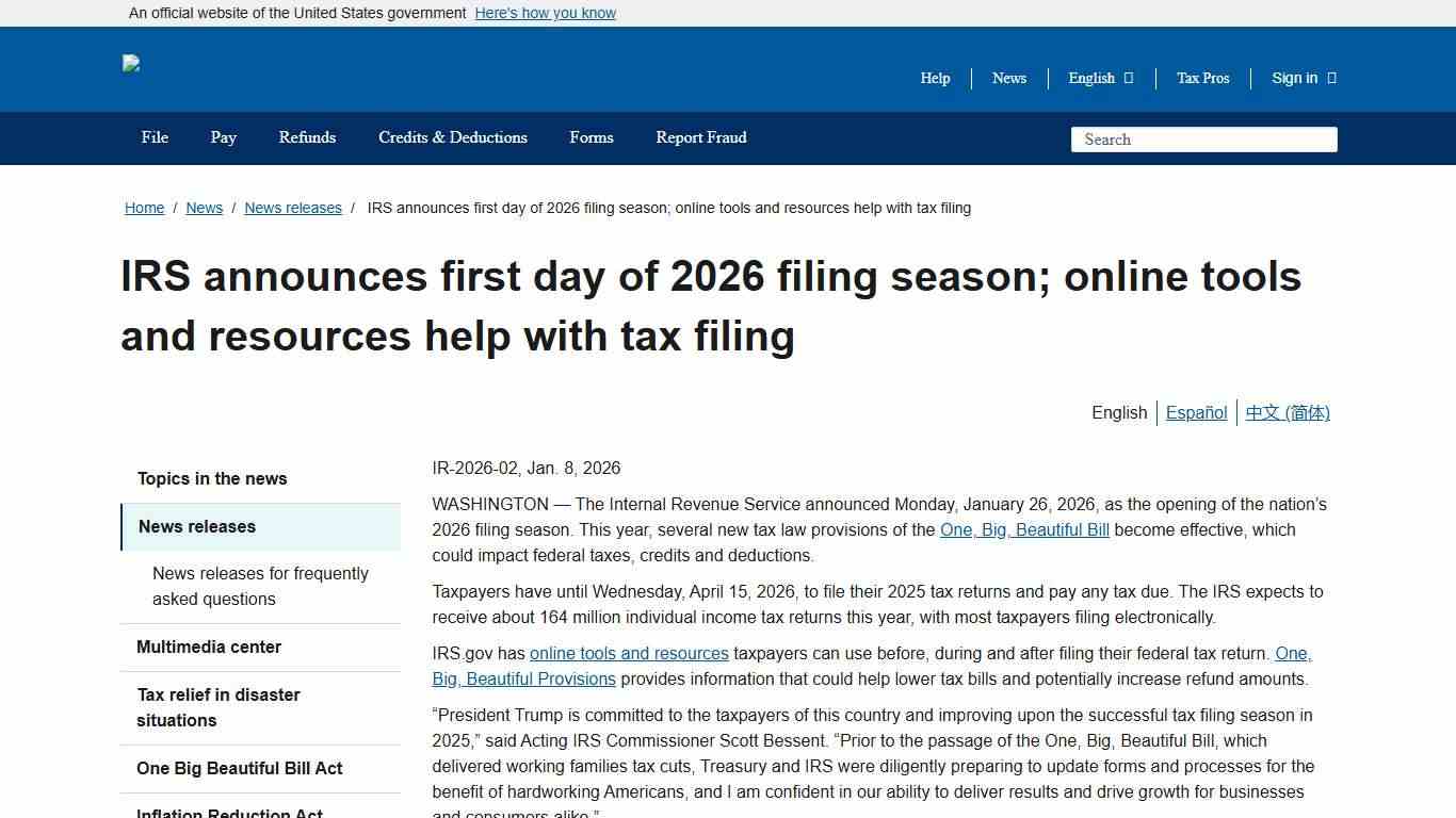 IRS announces first day of 2026 filing season; online tools and resources help with tax filing Internal Revenue Service